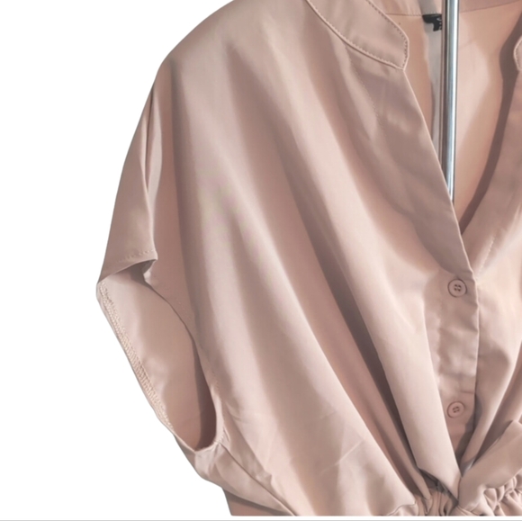 Neutral V-Neck Button Down Blouse | Dressy Casual Short Sleeve Top - Picture 9 of 10